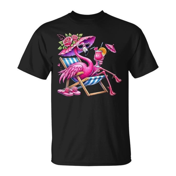 Flamingo Pink Palm Tree Tropical Beach Summer Vacation Women T-Shirt