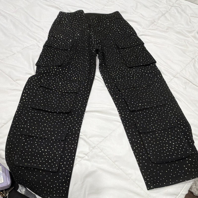 Women’s Black/White Polka Dot Cargo Pants Straight Leg Pockets Pull-On S