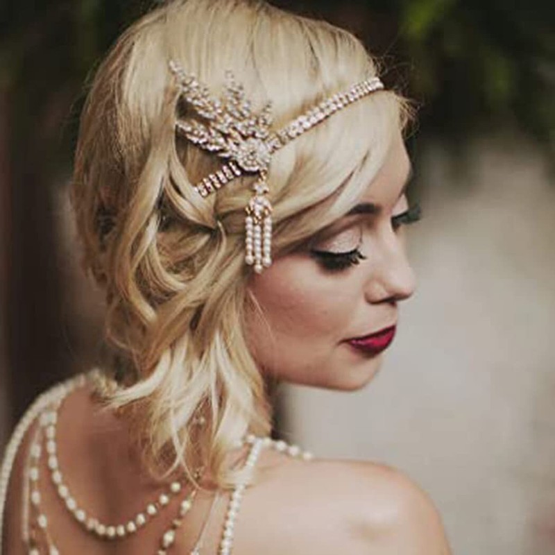 1920’s Flapper Headband Leaf Rhiestones Gatsby Headpiece Pearl Tassel Headdress