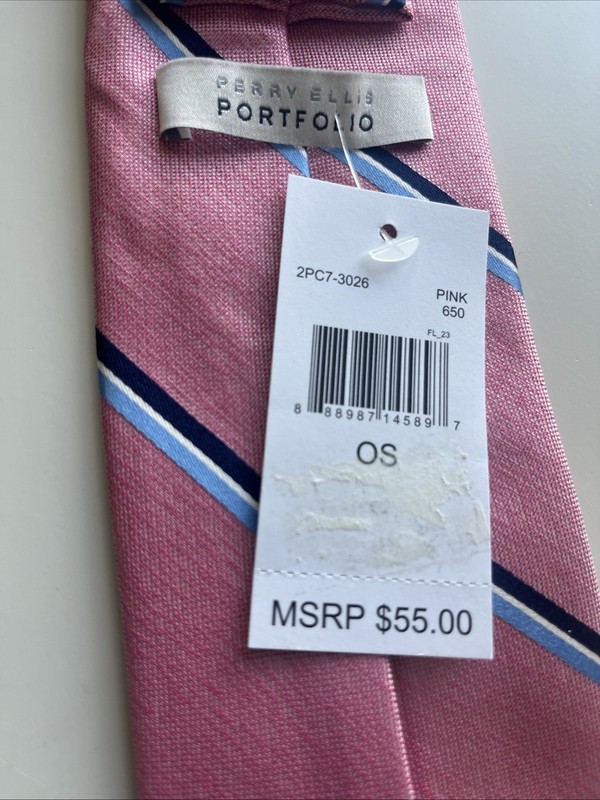 $55 NWT PERRY ELLIS Pink Print Silk neck Tie USA 59" X 3 1/4" gallery