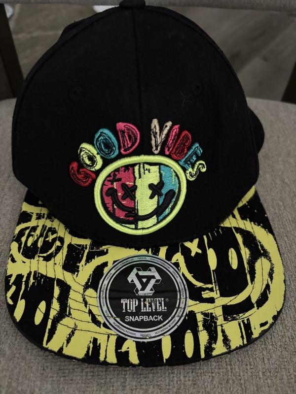 Good Vibes Top Level Smiley Face Graphic OSFM Cotton Flat Brim Cap Hat gallery