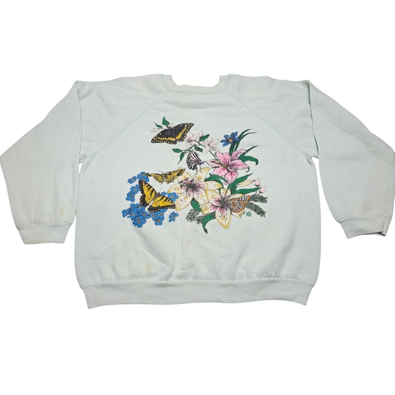 Vintage Women’s Flowers Butterfly 80’s Sweatshirt Size Medium Distressed Stained