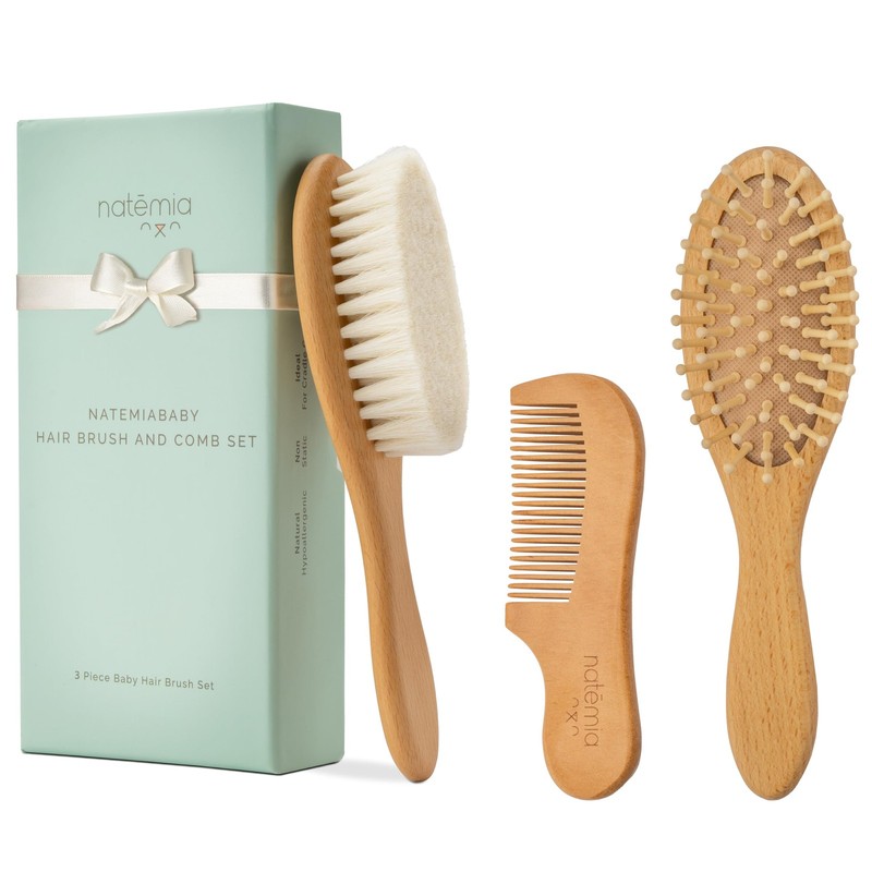 Natemia Wooden Baby Hair Brush & Comb Set – Natural 3 PC Set, Oval, Brown
