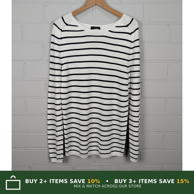 Phil Petter White Black Stripe Knit Cotton Sweater Round Neck Long Sleeve Small