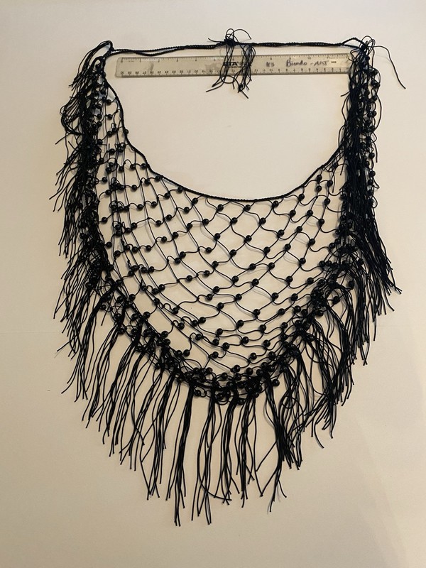 Vintage Y2K XS-M Black Mesh Triangle Shawl/Wrap with Beaded Accents and Fringe