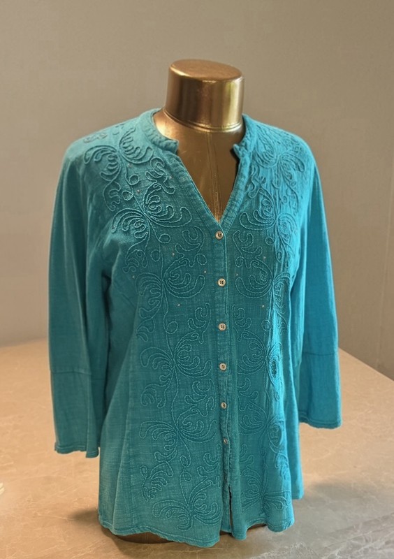 Western Turquoise Embroidered Button Front Blouse Artisan Teal 3/4 Sleeve Top M