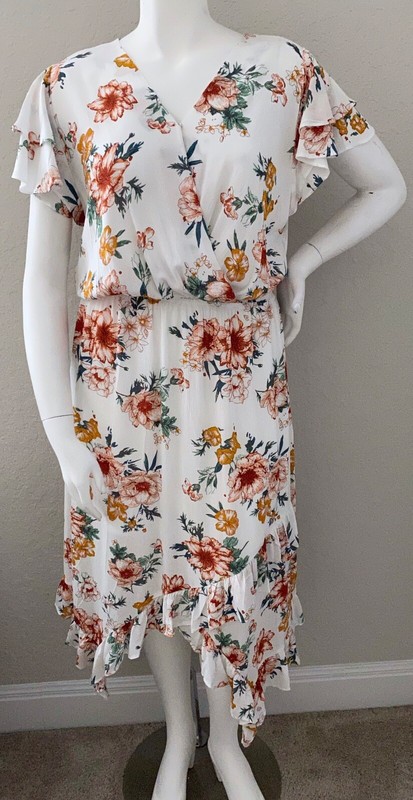 Velzera Floral Ruffle Short Sleeve High Low Dress Off White Plus 1XL 2XL 3XL New