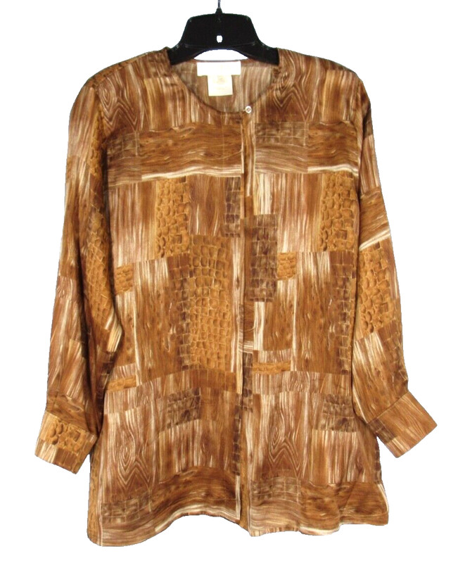 VTG ESCADA Brown WOODGRAIN PATCHWORK Light Silk BUTTON-UP Blouse Top 42 (L)