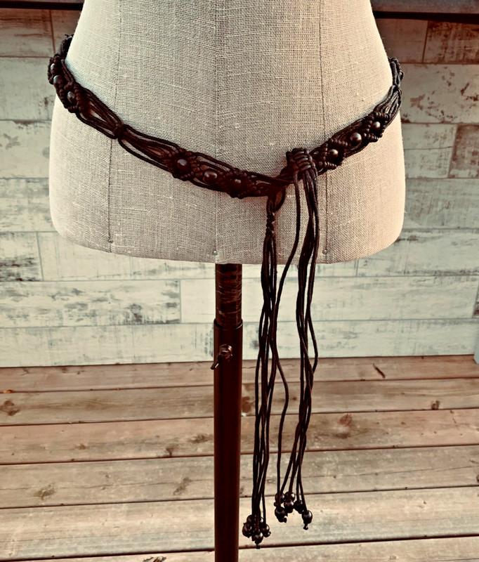 Vintage Y2K Boho Rope Fringe Tie Belt Black Leather Cord Wood Beaded Hippie 90s