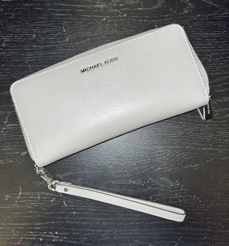 Michael Kors Taupe Gray Zip Around Wristlet Continental Wallet Gunmetal Zipper