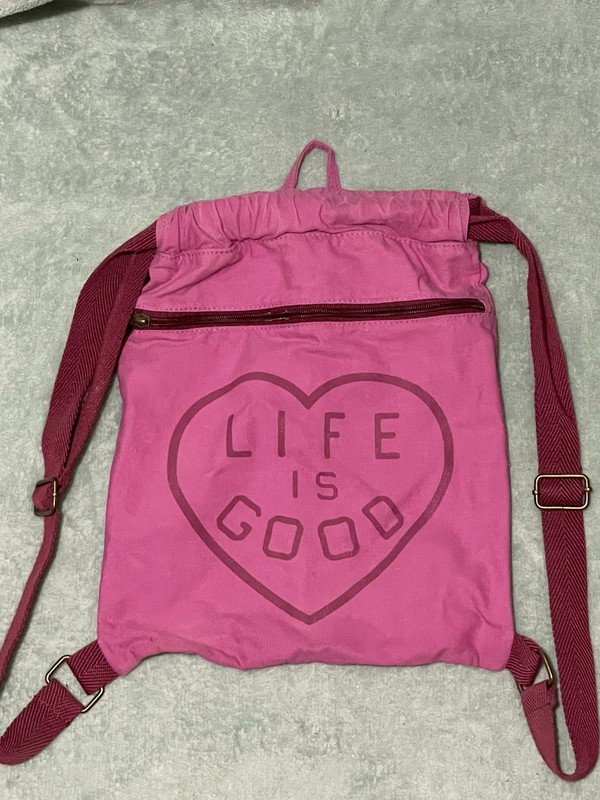 Life Is Good Pink With Heart Design Drawstring Bag Excellent Condition