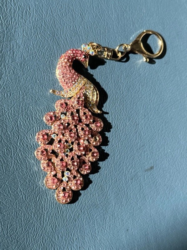 Pink Rhinestone Peacock Keychain Purse Charm Gold Tone Vintage