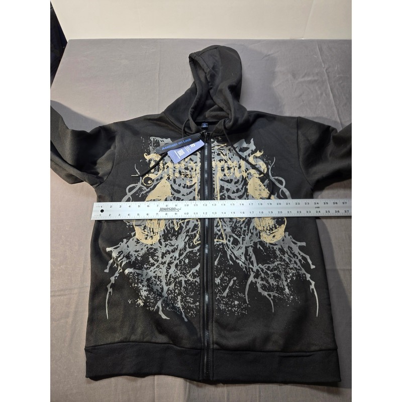 Romwe Mens XL Black Graphic Zip Up Hoodie Gothic Streetwear Sweatshirt NEW gallery