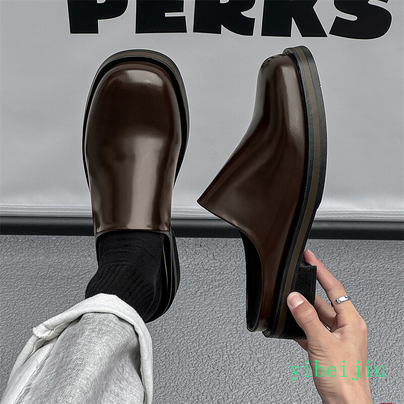 Men's Half Slippers Leather Slides Round Toe Shoes Business Formal Mules Sandals gallery