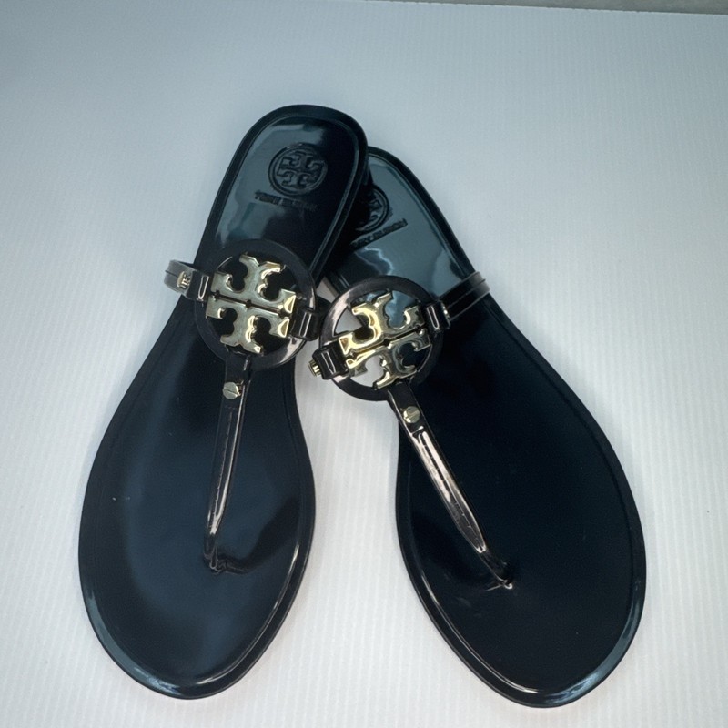 Tory Burch Miller “Display Shoes” Black Jelly Gold Logo Sandals US7