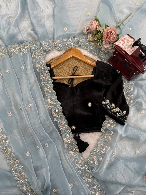 Beautiful Heavy Silk Sky Blue Saree With Blouse For Women Wedding Wear gallery
