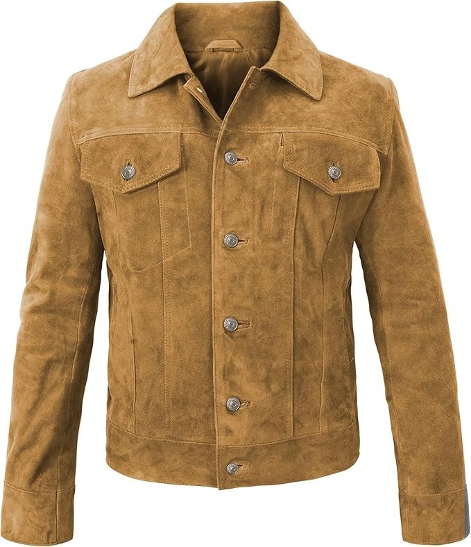 Men’s Tan Suede Leather Trucker Jacket Western Cowboy Vintage Classic Coat