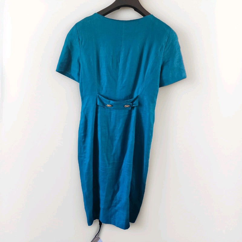 Marie St. Claire Teal 90s Vtg Mom Coat Dress Size 12 Giant Gold Buttons Linen gallery