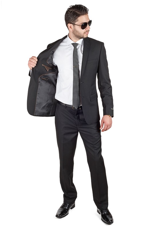 Slim Fit Men Suit Solid Black 2 Button Flat Front Pants Fitted Style By AZAR MAN gallery