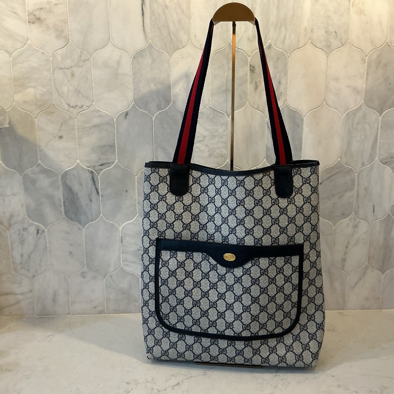 Vintage GUCCI Tote Bag Shoulder Sherry Line Navy Leather From Japan Auth 0365