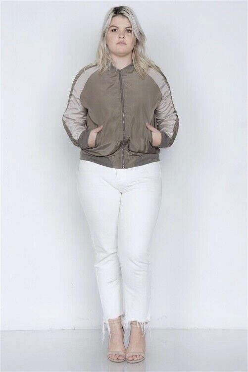 Trac Zip Up Modern Color Block Bomber Jacket Taupe Plus 1XL 2XL 3XL – New!