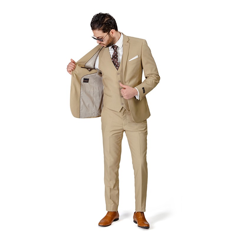Tan Beige Slim Fit Men Suit 2 Button Notch Lapel Azar Man Vest Optional 4030-10 gallery