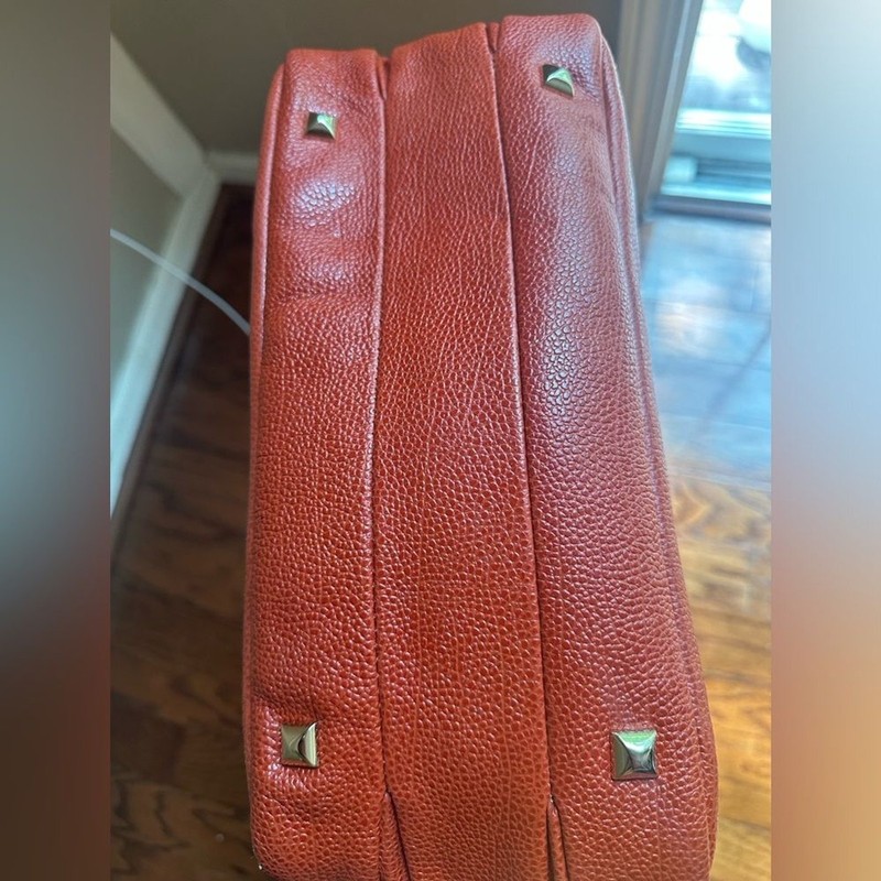 Henri Bendel red satchel a classic dome shape textured leather with goldhardware gallery