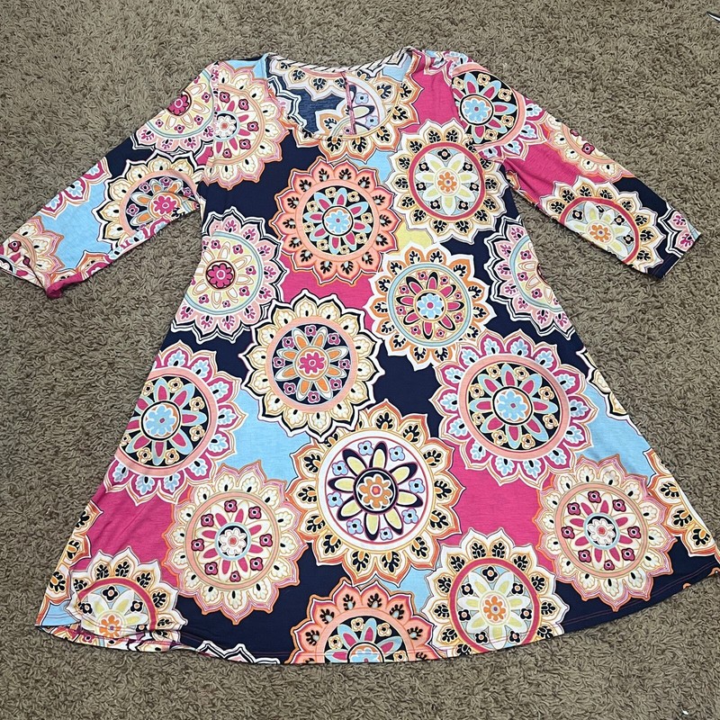 3/4 Sleeve Red Light Blue Multicolor Geometric Print Tunic Dress