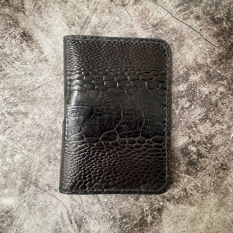 Real Black Ostrich Leather Cardholder Minimalist Bifold Unisex Wallet Handmade