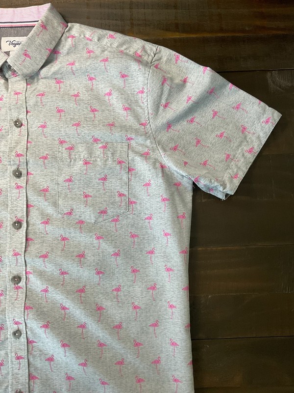 Voyage Men’s Short-Sleeve Tropical Flamingo Shirt - Gray & Pink (Size Medium) gallery