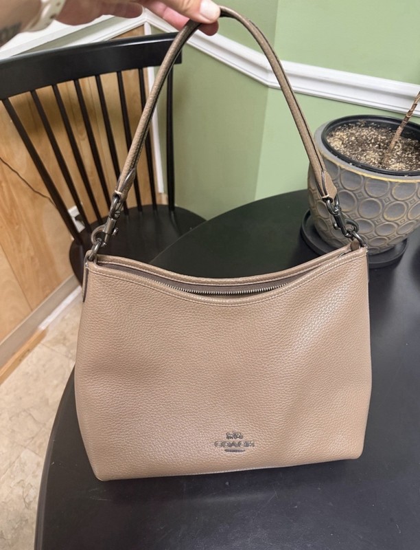 Coach Taupe Pebbled Zip Shoulder Bag, Detachable strap