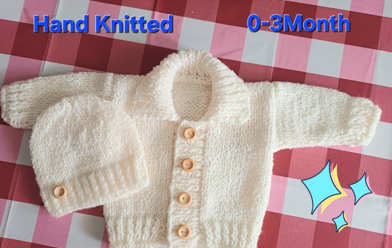 Baby 0 -3 Month Hand Knitted Cardigan/Jacket % Hat Boy/Girl Cream colour
