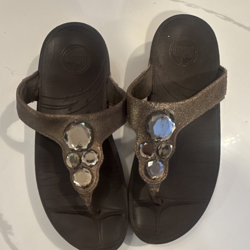 FitFlop Thong Sandals Bronze Synthetic Rhinestone Comfort Slip On Casual US 7