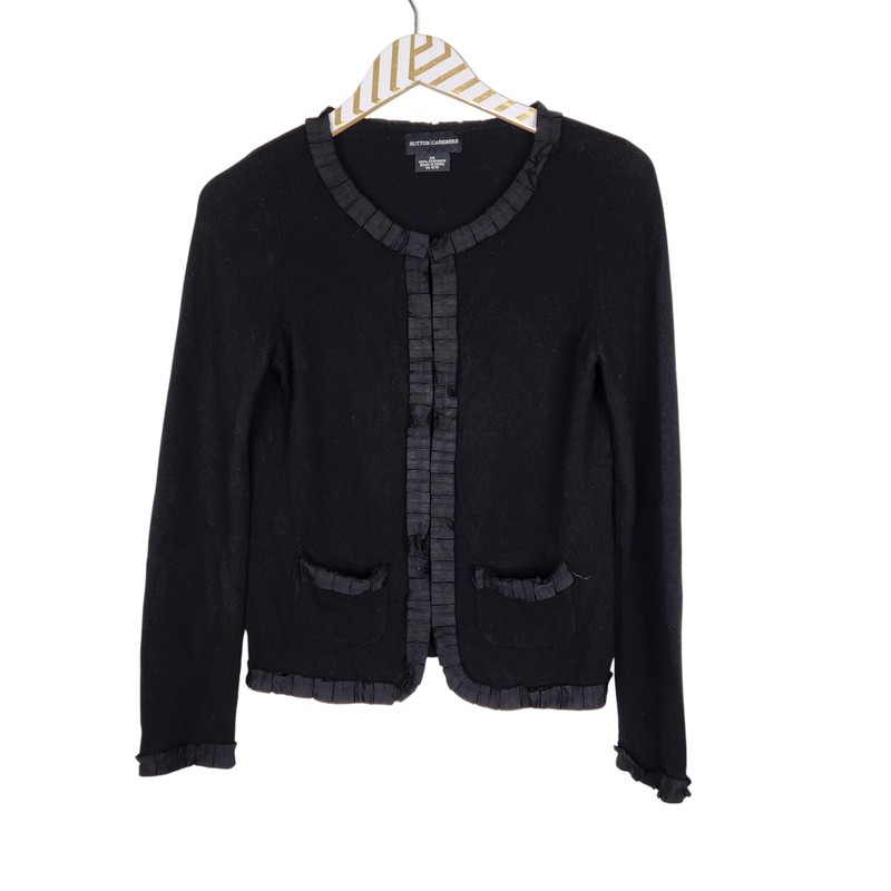 SUTTON CASHMERE Cardigan Sweater Womens XS Black 100% Cashmere Ruffle Trim