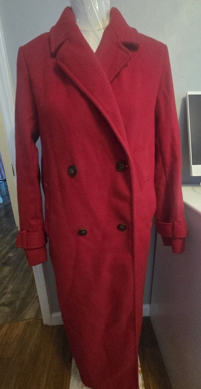 Sinsay Women’s Red Double Breasted Button Front Long Overcoat Collared Size S