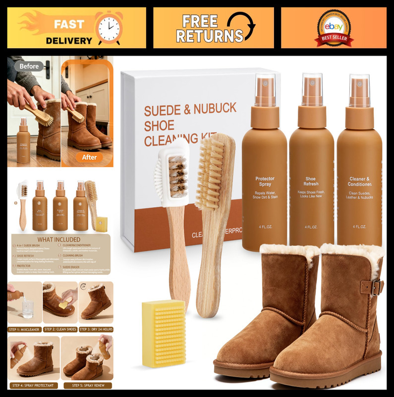 Shoe Cleaner Kit for Suede & Nubuck – Cleaner, Waterproof Spray, Brush & Eraser