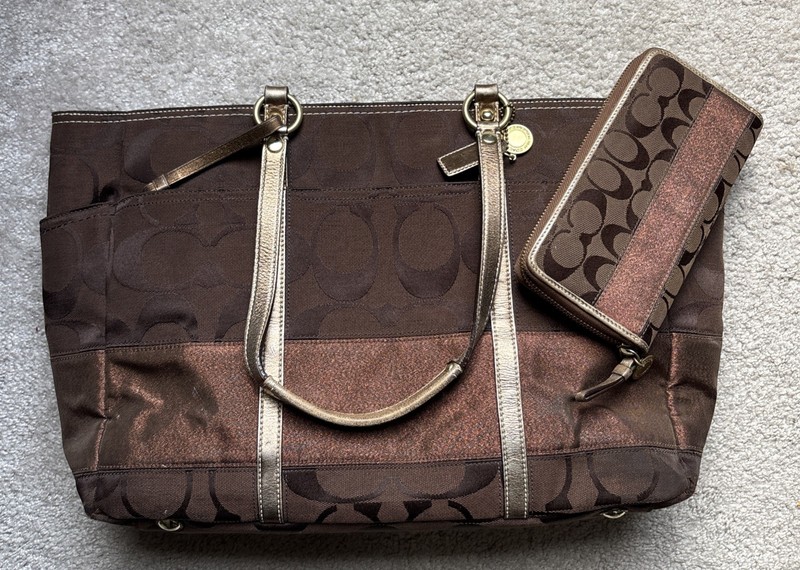 Coach Choco Signature C Stripe Copper LG Diaper/Tote Bag MATCHING Wallet!