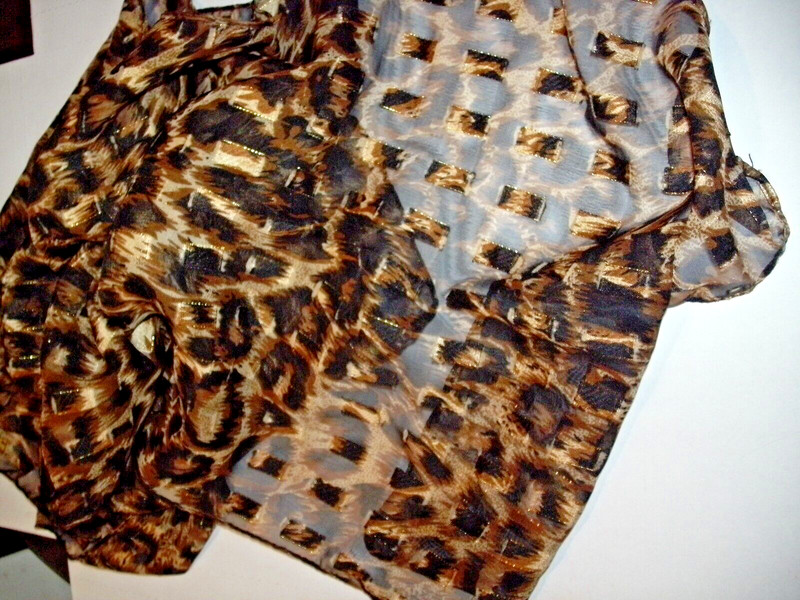 Leopard print scarf fleurs with gold accents 68 by 13 1/2 inches