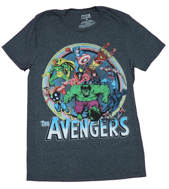 The Avengers Mens T-Shirt – Giant Group Of Comic Heroes Attacking Rainbow Circle