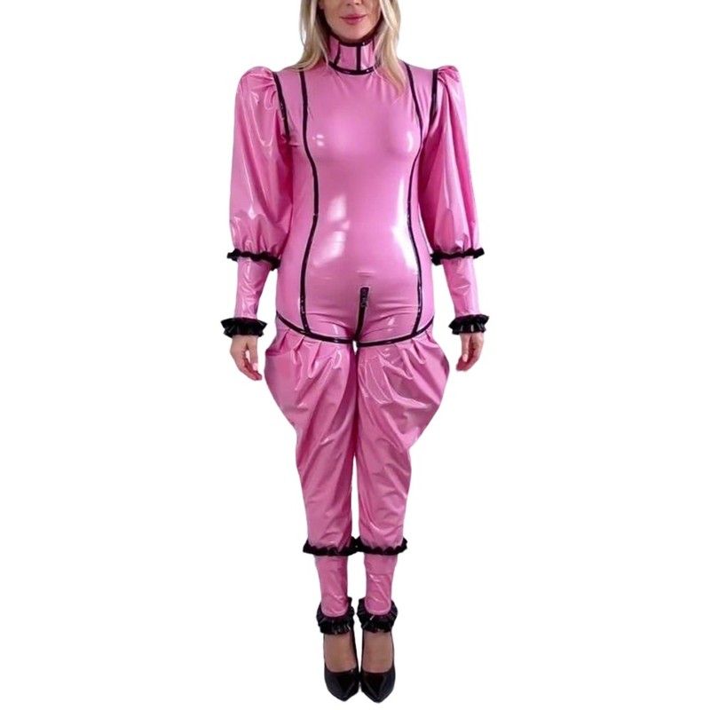 Shiny PVC Leather Long Sleeve Bloomers Fashion Open-crotch Jumpsuit Outfits