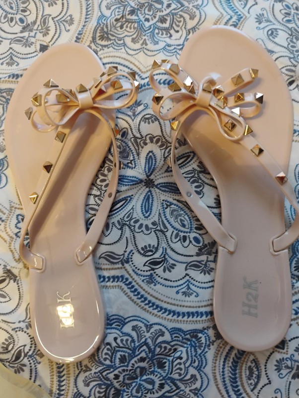H2K Women's Light Peach Bow Studded Jelly Flip Flops Sandals Size 10 gallery