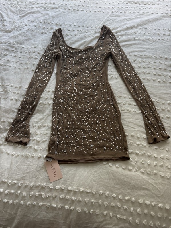 SHEIN Brown Mesh Sheer Beaded Rhinestone Square Neck Long Sleeve Bodycon Mini S