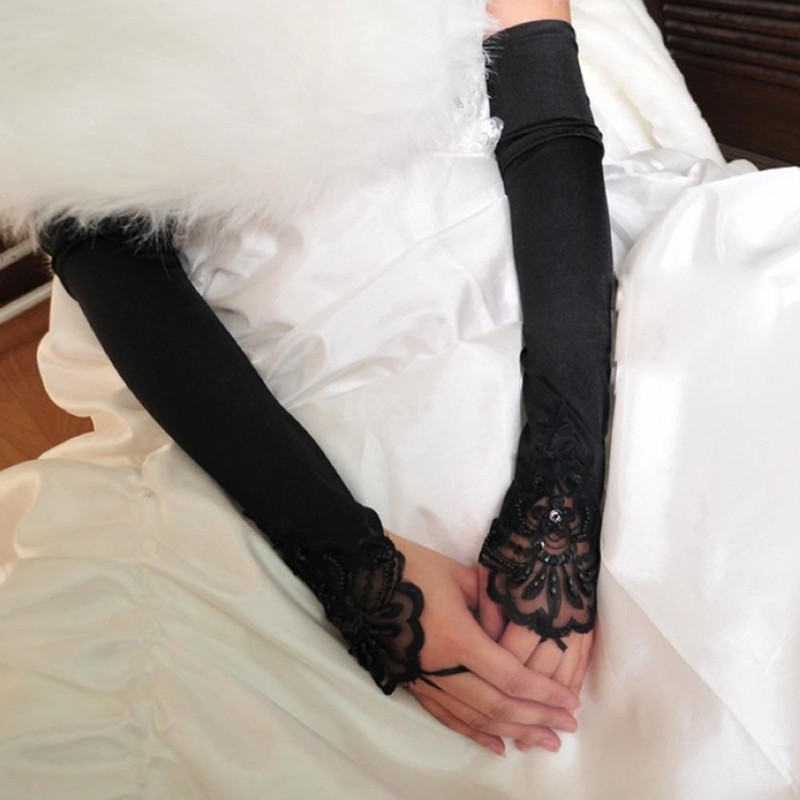 US Women Long Wedding Lace Satin Bride Gloves Fingerless Party Bridal Dress