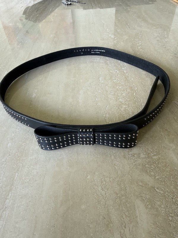 Sandro Women’s Black Skinny Studded Bow Adjustable Belt Silver Hardware T2