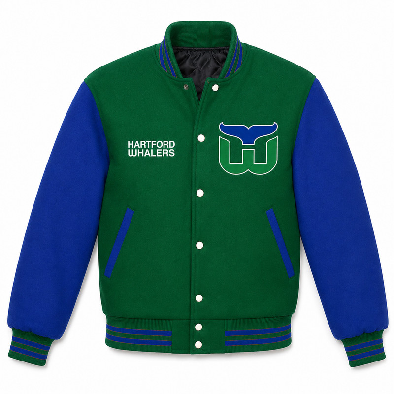 Hartford Whalers NHL Varsity jacket Green Body Blue Faux Leather All Sizes gallery