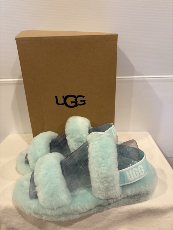 UGG Oh Yeah Sky Blue Shearling Fur Slingback Slippers SO SOFT Strappy Size 10