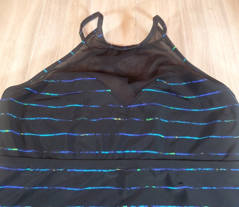 Athleta Tank Womens Size Large Black Blue Stripe Mesh Activewear Halter Strappy gallery