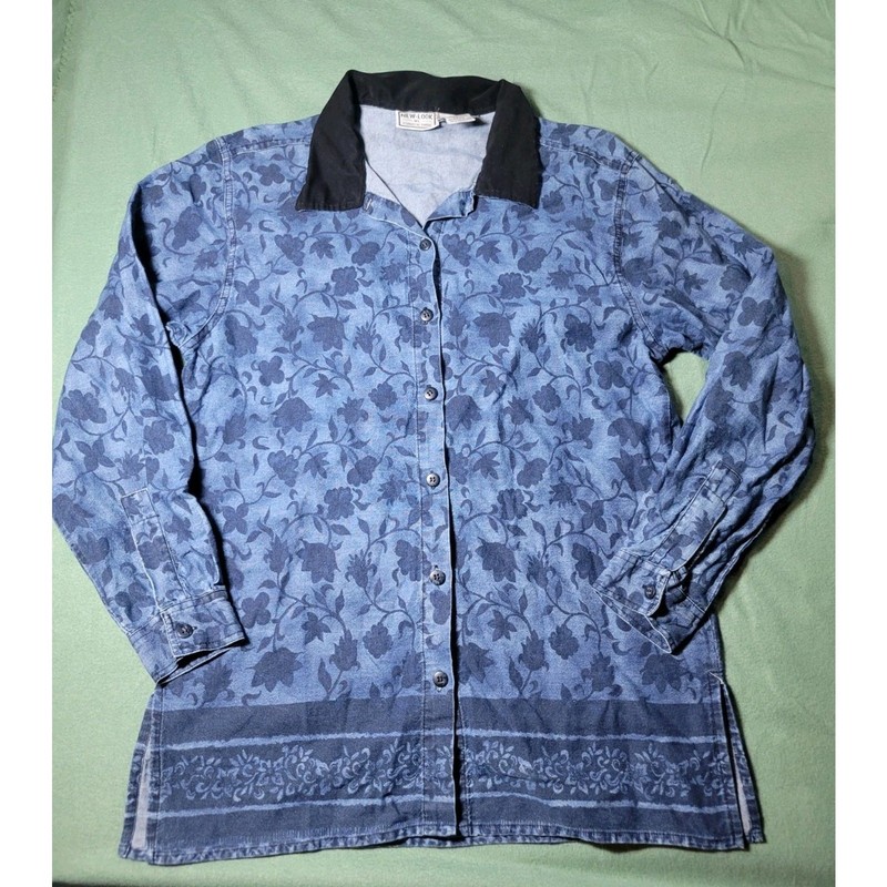 New Look Womens Top Sz L Soft Collared Cotton Denim Button Up Floral Loose Comfy