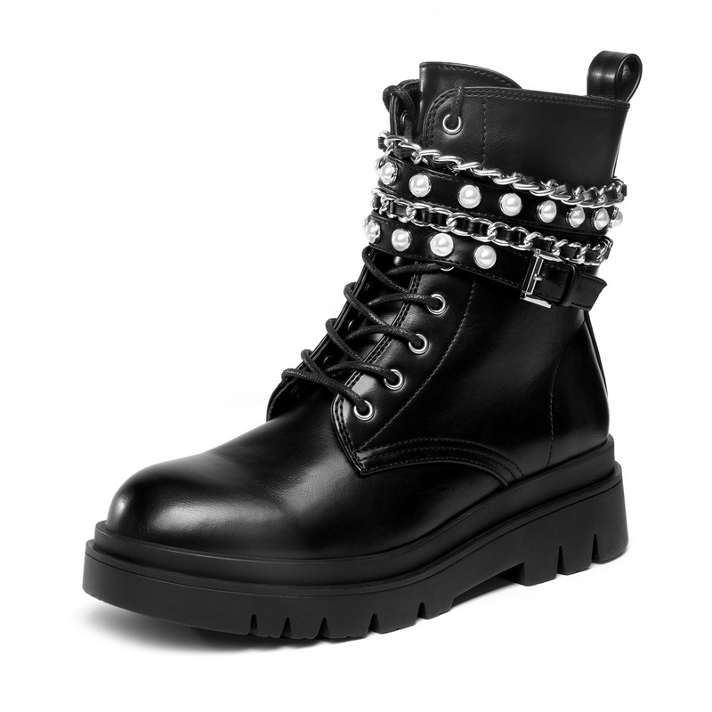 Women Ankle Boots Platform Side Zipper Metal Chain Punk Style Combat Boots Shoes