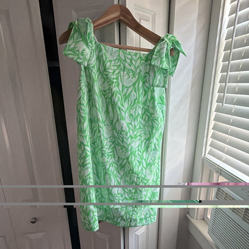 Lilly Pulitzer Shift Mini Dress Floral Green/White Square Neck Bow Straps 8